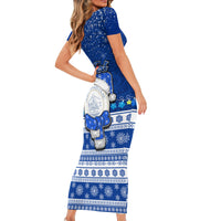 Personalised Palau Christmas Short Sleeve Bodycon Dress Snowman Hugs Palau Coat of Arms Maori Pattern Blue Style LT03 - Polynesian Pride