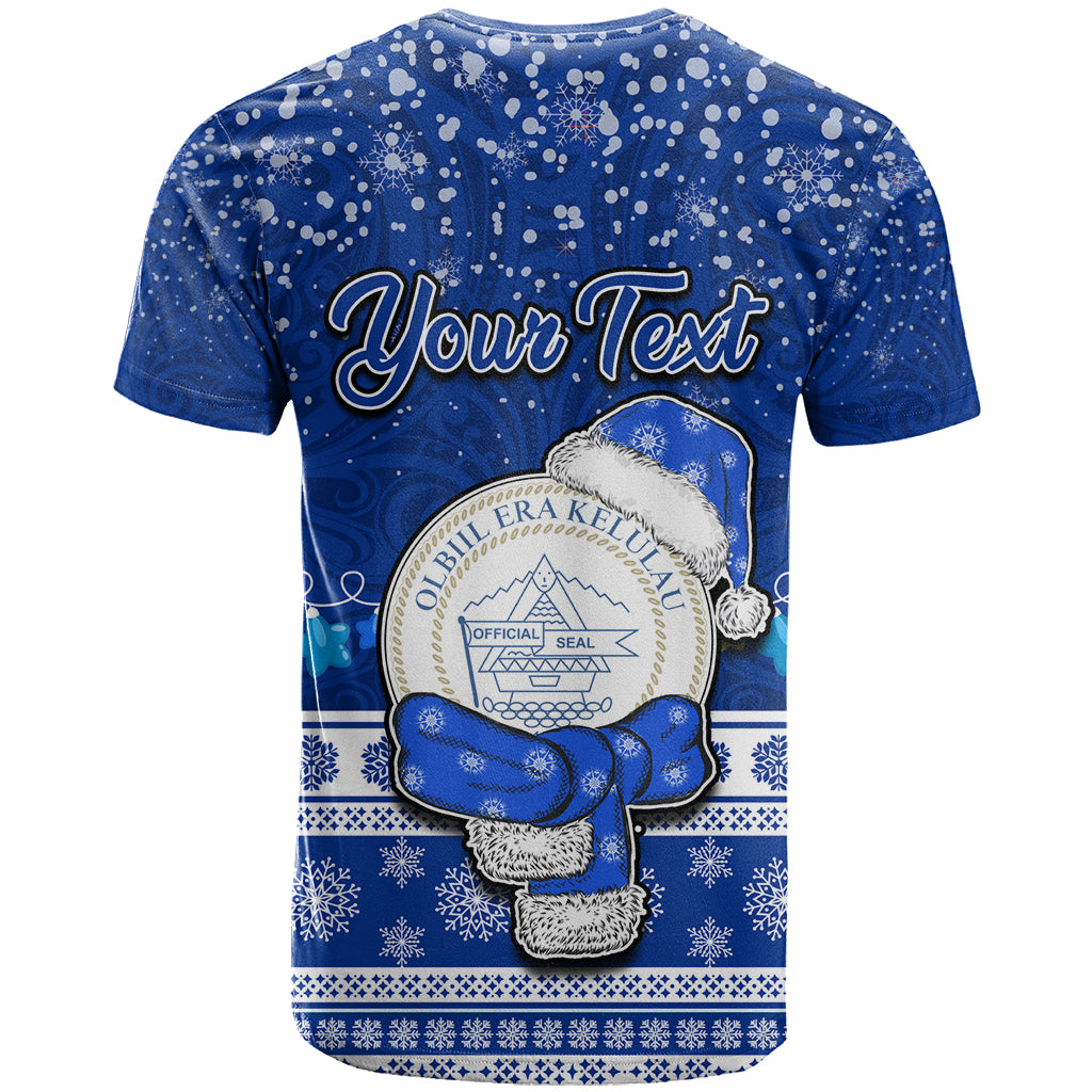 Personalised Palau Christmas T Shirt Snowman Hugs Palau Coat of Arms Maori Pattern Blue Style LT03 - Polynesian Pride