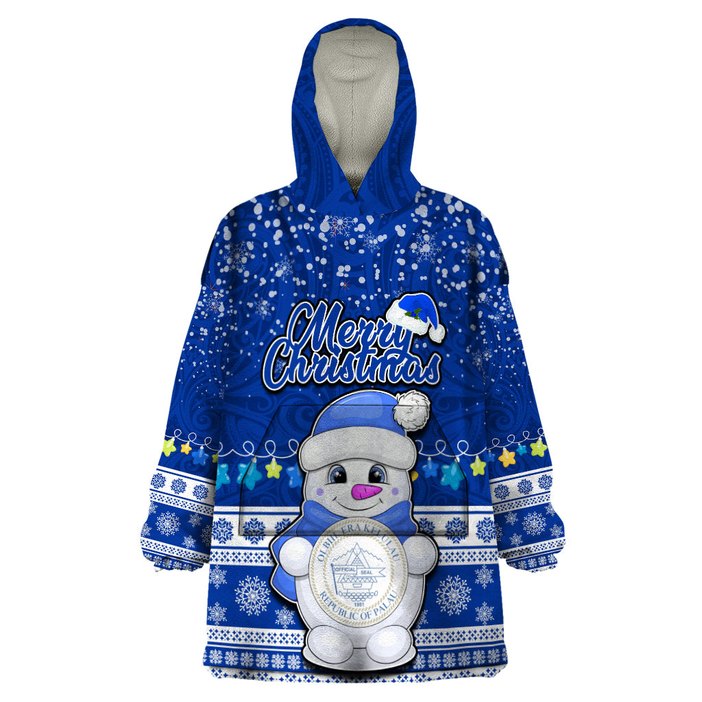 Personalised Palau Christmas Wearable Blanket Hoodie Snowman Hugs Palau Coat of Arms Maori Pattern Blue Style LT03 One Size Blue - Polynesian Pride