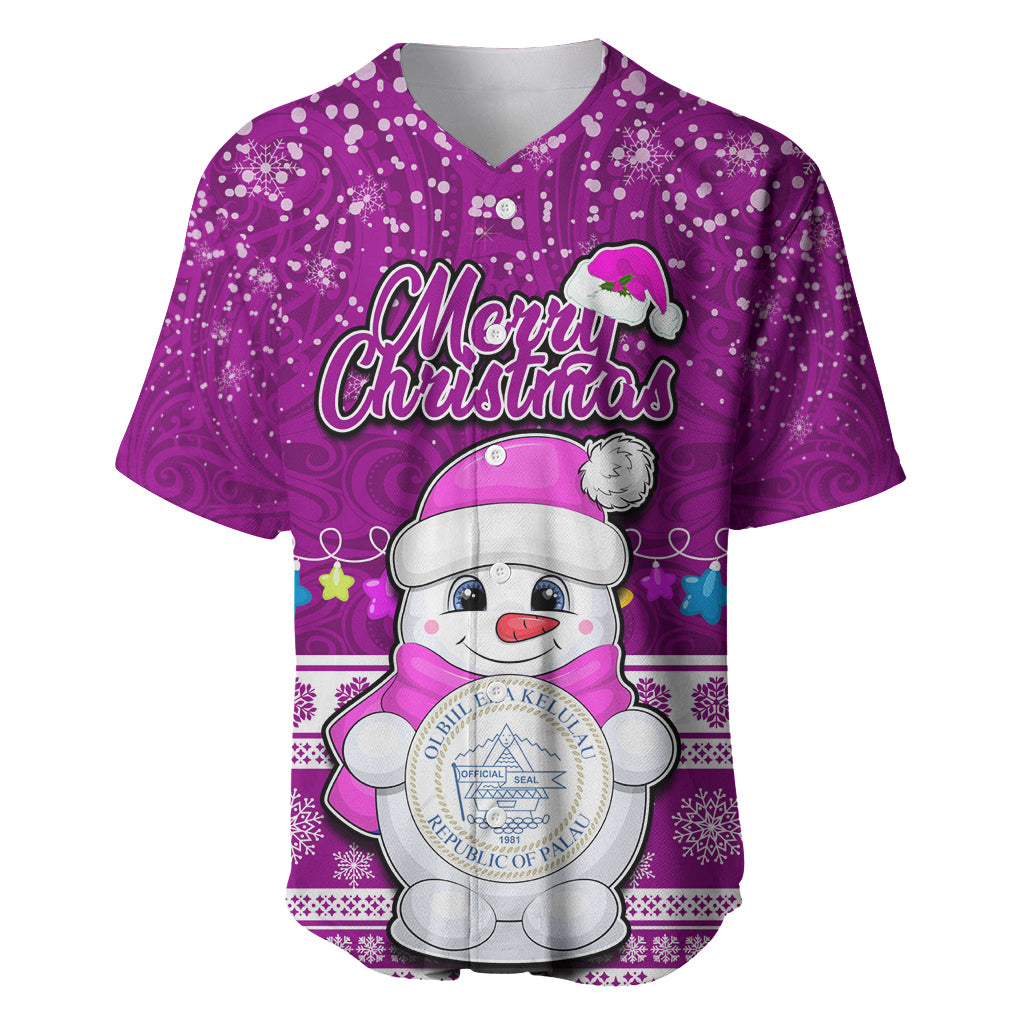 Palau Christmas Baseball Jersey Snowman Hugs Palau Coat of Arms Maori Pattern Pink Style LT03 Pink - Polynesian Pride