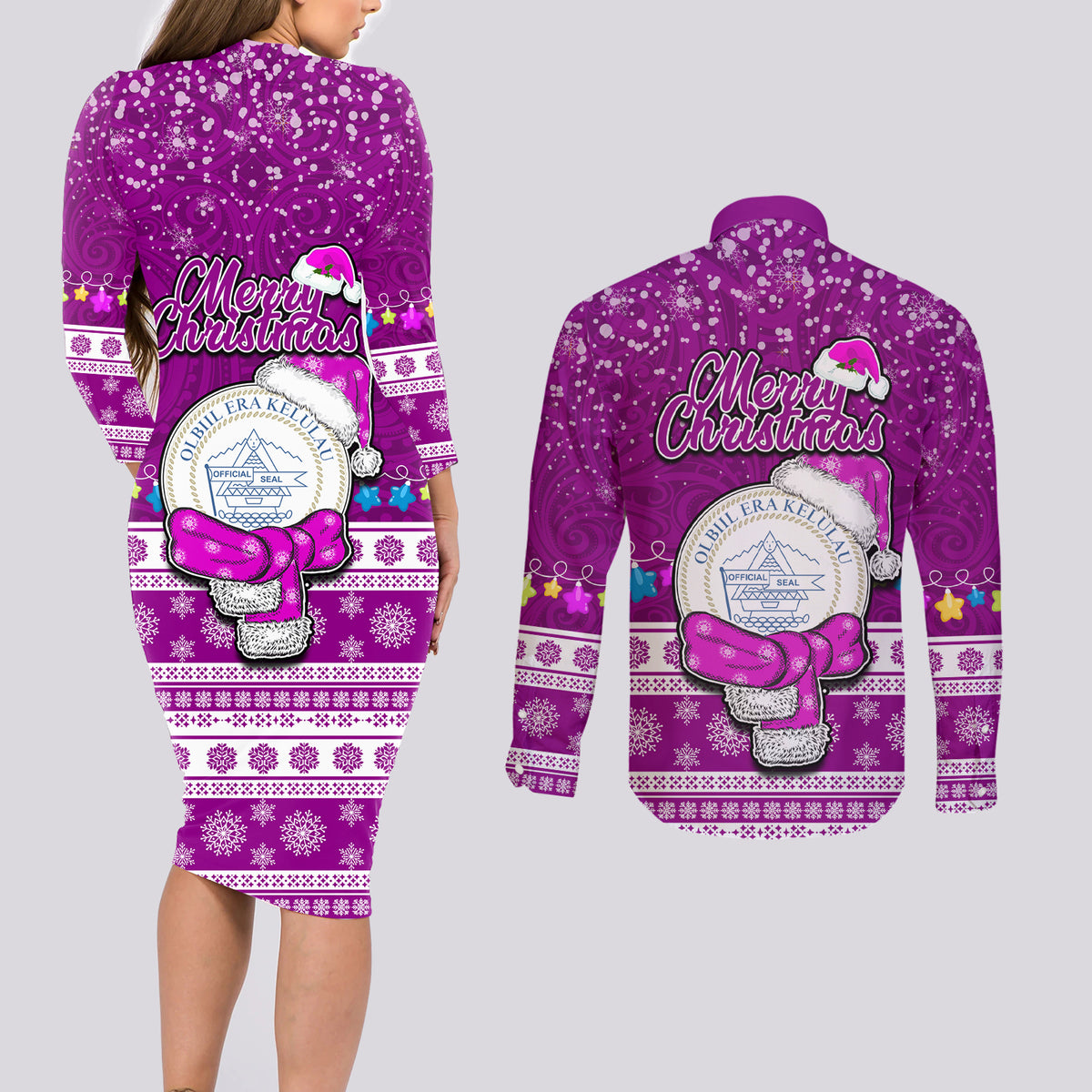 Palau Christmas Couples Matching Long Sleeve Bodycon Dress and Long Sleeve Button Shirt Snowman Hugs Palau Coat of Arms Maori Pattern Pink Style LT03 - Polynesian Pride
