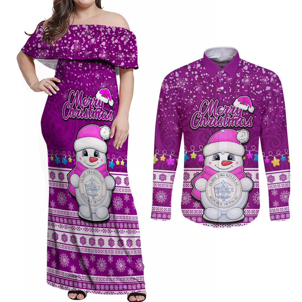 Palau Christmas Couples Matching Off Shoulder Maxi Dress and Long Sleeve Button Shirt Snowman Hugs Palau Coat of Arms Maori Pattern Pink Style LT03 Pink - Polynesian Pride