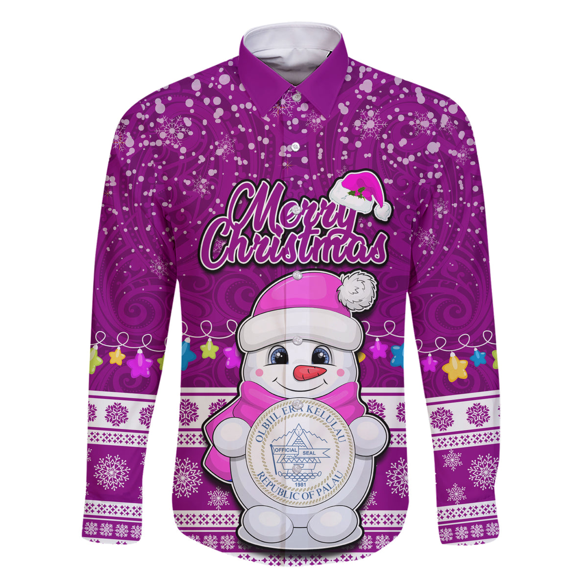 Palau Christmas Family Matching Short Sleeve Bodycon Dress and Hawaiian Shirt Snowman Hugs Palau Coat of Arms Maori Pattern Pink Style LT03 Dad's Shirt - Long Sleeve Pink - Polynesian Pride