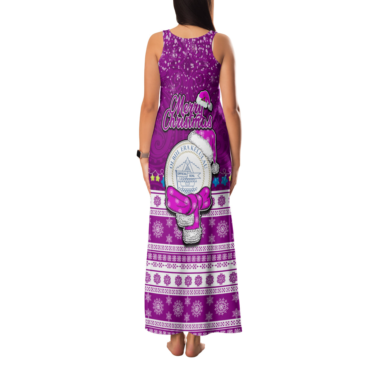 Palau Christmas Family Matching Tank Maxi Dress and Hawaiian Shirt Snowman Hugs Palau Coat of Arms Maori Pattern Pink Style LT03 - Polynesian Pride