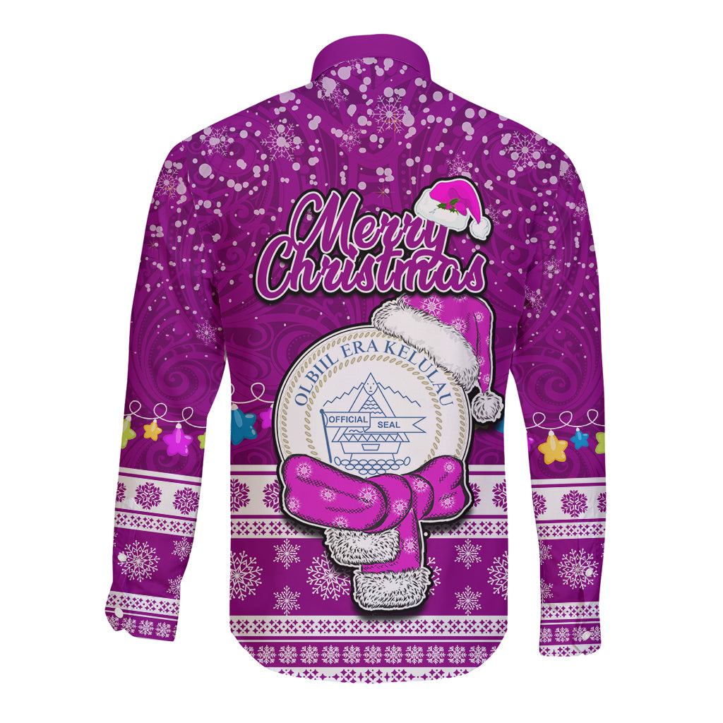 Palau Christmas Long Sleeve Button Shirt Snowman Hugs Palau Coat of Arms Maori Pattern Pink Style LT03 - Polynesian Pride