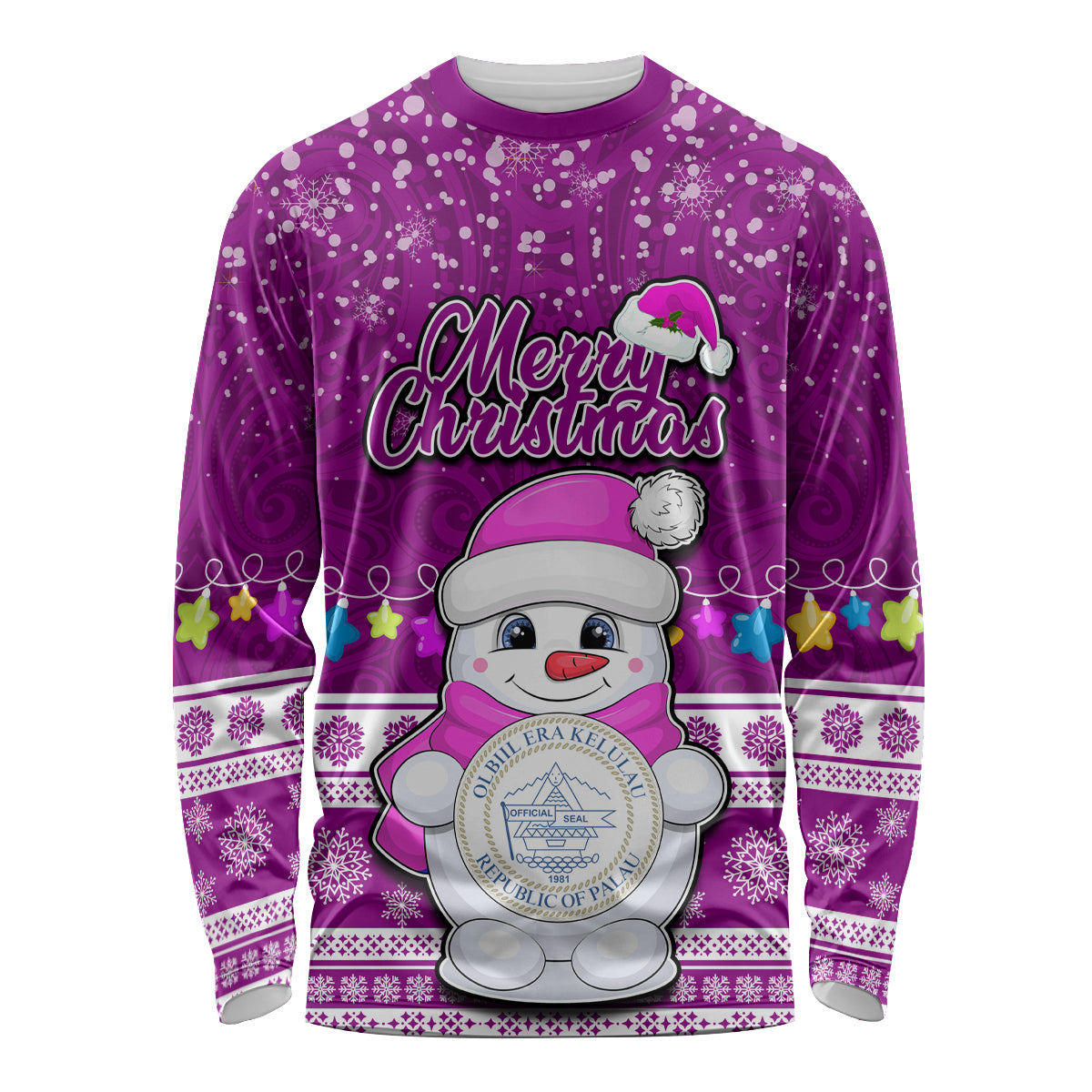 Palau Christmas Long Sleeve Shirt Snowman Hugs Palau Coat of Arms Maori Pattern Pink Style LT03 Unisex Pink - Polynesian Pride