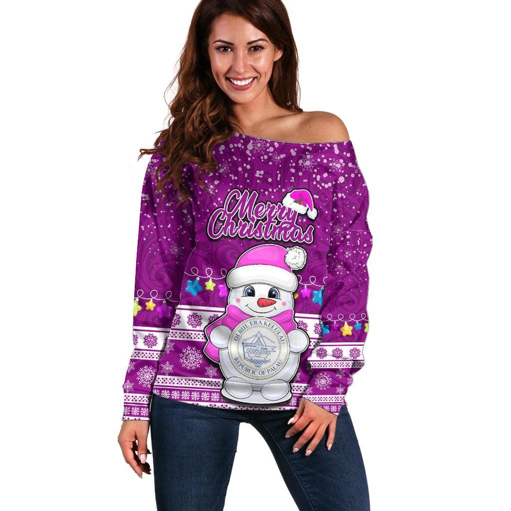 Palau Christmas Off Shoulder Sweater Snowman Hugs Palau Coat of Arms Maori Pattern Pink Style LT03 Women Pink - Polynesian Pride