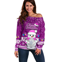 Palau Christmas Off Shoulder Sweater Snowman Hugs Palau Coat of Arms Maori Pattern Pink Style LT03 Women Pink - Polynesian Pride