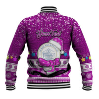 Personalised Palau Christmas Baseball Jacket Snowman Hugs Palau Coat of Arms Maori Pattern Pink Style LT03 - Polynesian Pride