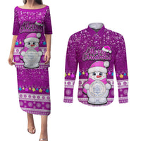 Personalised Palau Christmas Couples Matching Puletasi Dress and Long Sleeve Button Shirt Snowman Hugs Palau Coat of Arms Maori Pattern Pink Style LT03 Pink - Polynesian Pride