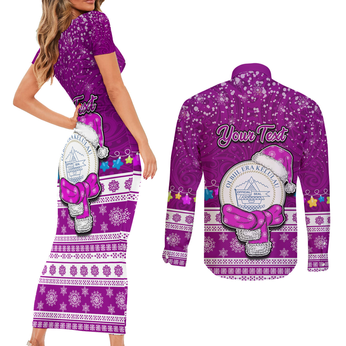 Personalised Palau Christmas Couples Matching Short Sleeve Bodycon Dress and Long Sleeve Button Shirt Snowman Hugs Palau Coat of Arms Maori Pattern Pink Style LT03 - Polynesian Pride