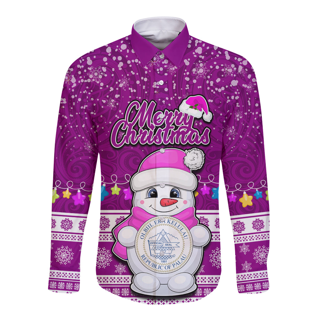 Personalised Palau Christmas Long Sleeve Button Shirt Snowman Hugs Palau Coat of Arms Maori Pattern Pink Style LT03 Unisex Pink - Polynesian Pride