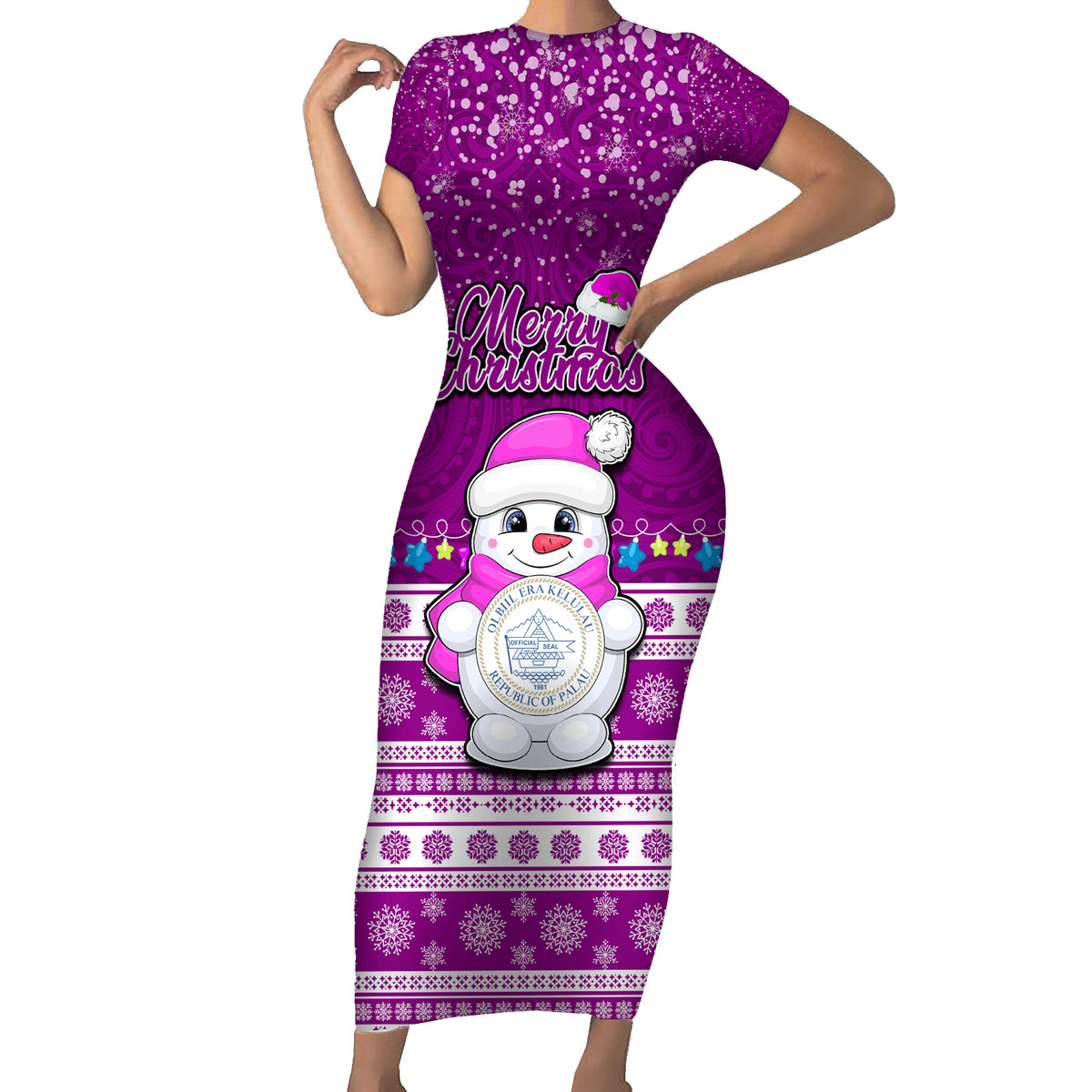 Personalised Palau Christmas Short Sleeve Bodycon Dress Snowman Hugs Palau Coat of Arms Maori Pattern Pink Style LT03 Long Dress Pink - Polynesian Pride