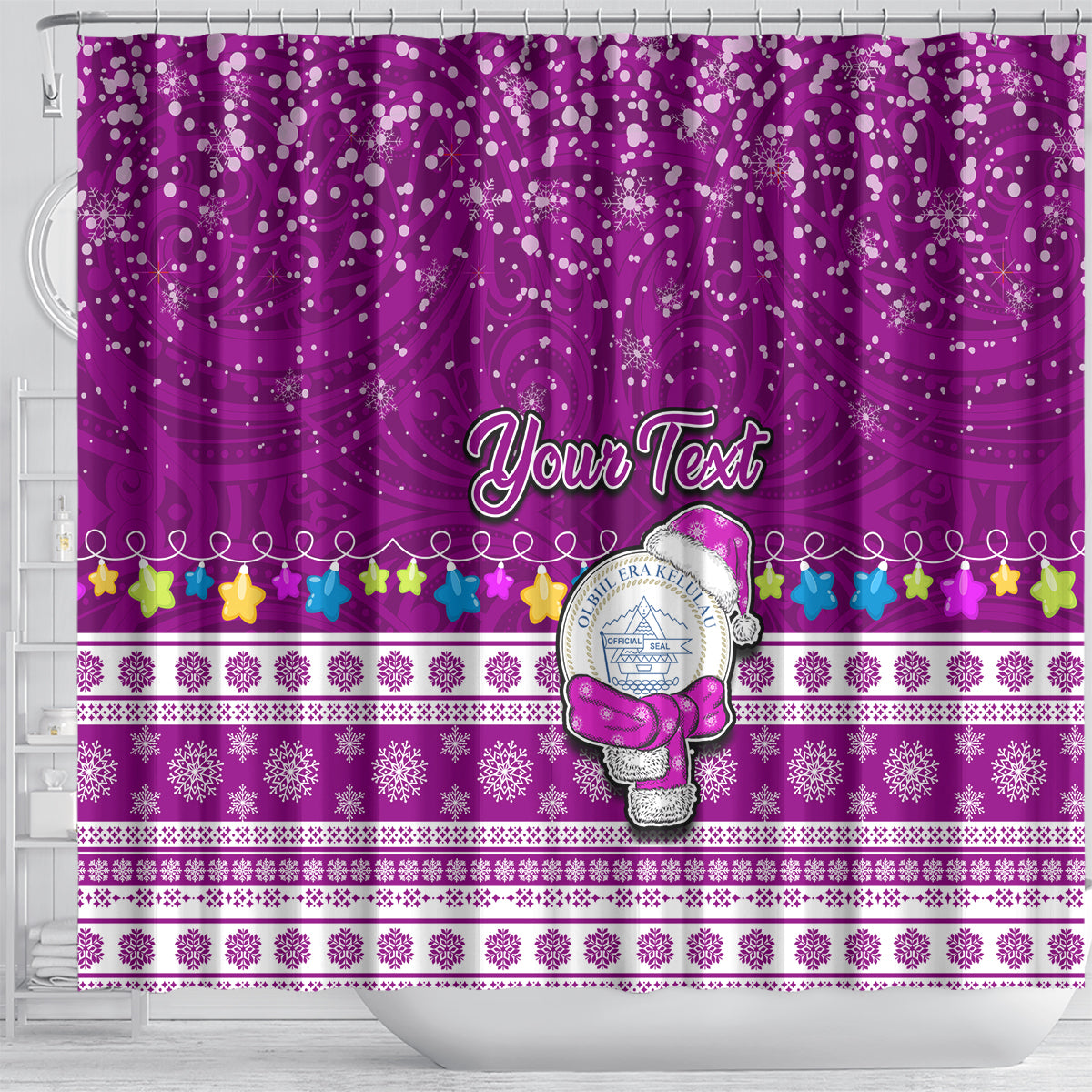 Personalised Palau Christmas Shower Curtain Snowman Hugs Palau Coat of Arms Maori Pattern Pink Style LT03 - Polynesian Pride
