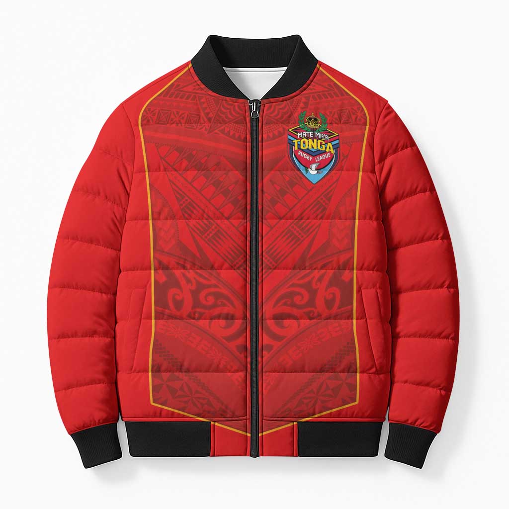 Custom Mate Ma'a Tonga Rugby Bomber Puffer Jacket Ngatu Tribal Motifs Sporty Style - Polynesian Pride