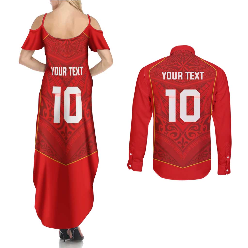 Custom Mate Ma'a Tonga Rugby Couples Matching Summer Maxi Dress and Long Sleeve Button Shirt Ngatu Tribal Motifs Sporty Style - Polynesian Pride