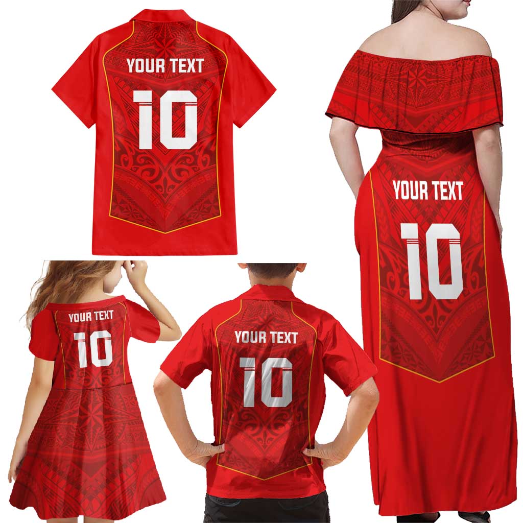 Custom Mate Ma'a Tonga Rugby Family Matching Off Shoulder Maxi Dress and Hawaiian Shirt Ngatu Tribal Motifs Sporty Style - Polynesian Pride