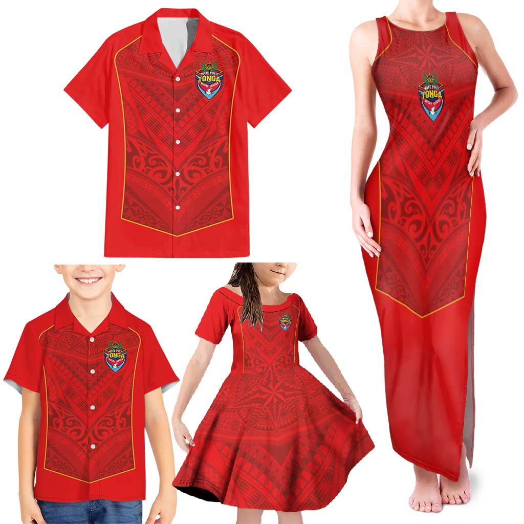 Custom Mate Ma'a Tonga Rugby Family Matching Tank Maxi Dress and Hawaiian Shirt Ngatu Tribal Motifs Sporty Style - Polynesian Pride