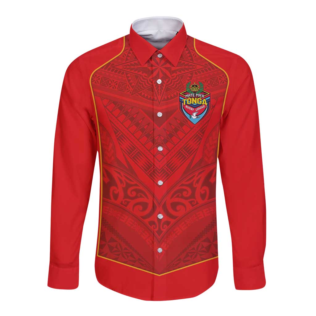 Custom Mate Ma'a Tonga Rugby Long Sleeve Button Shirt Ngatu Tribal Motifs Sporty Style - Polynesian Pride