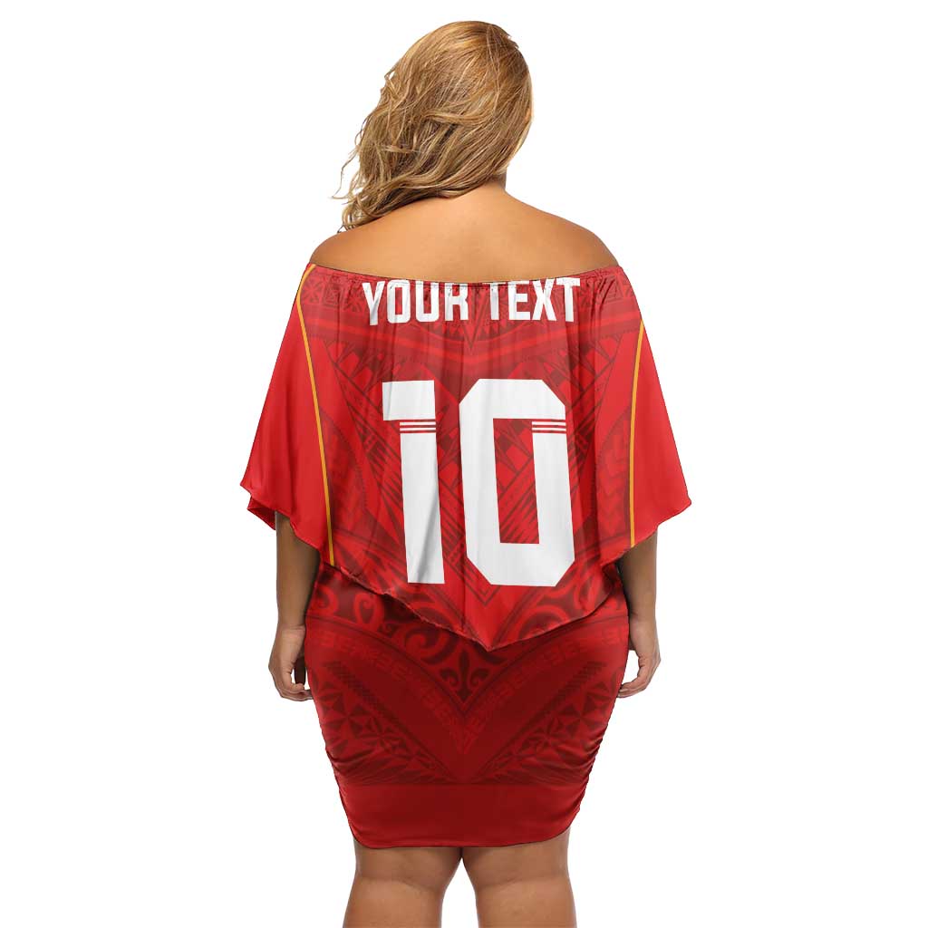 Custom Mate Ma'a Tonga Rugby Off Shoulder Short Dress Ngatu Tribal Motifs Sporty Style - Polynesian Pride