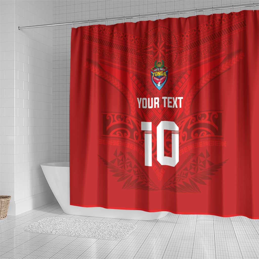 Custom Mate Ma'a Tonga Rugby Shower Curtain Ngatu Tribal Motifs Sporty Style - Polynesian Pride