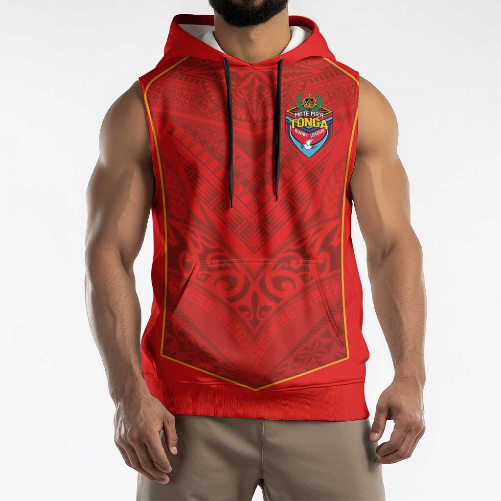Custom Mate Ma'a Tonga Rugby Sleeveless Hoodie Ngatu Tribal Motifs Sporty Style - Polynesian Pride