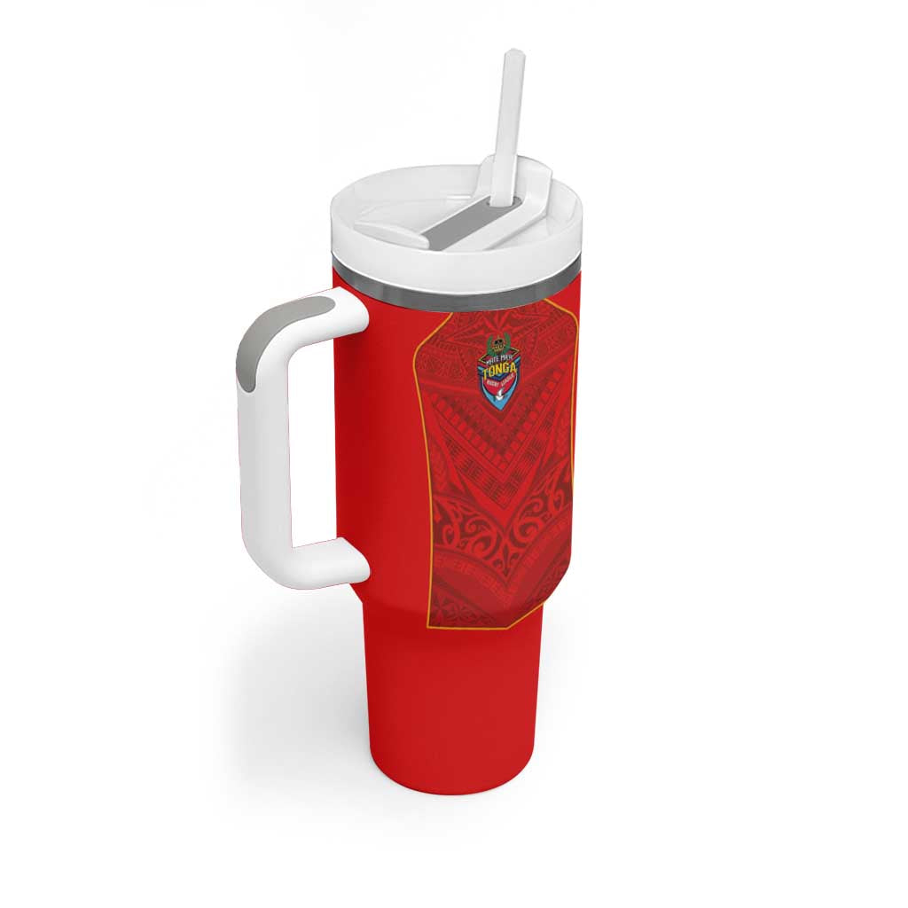 Custom Mate Ma'a Tonga Rugby Tumbler With Handle Ngatu Tribal Motifs Sporty Style - Polynesian Pride