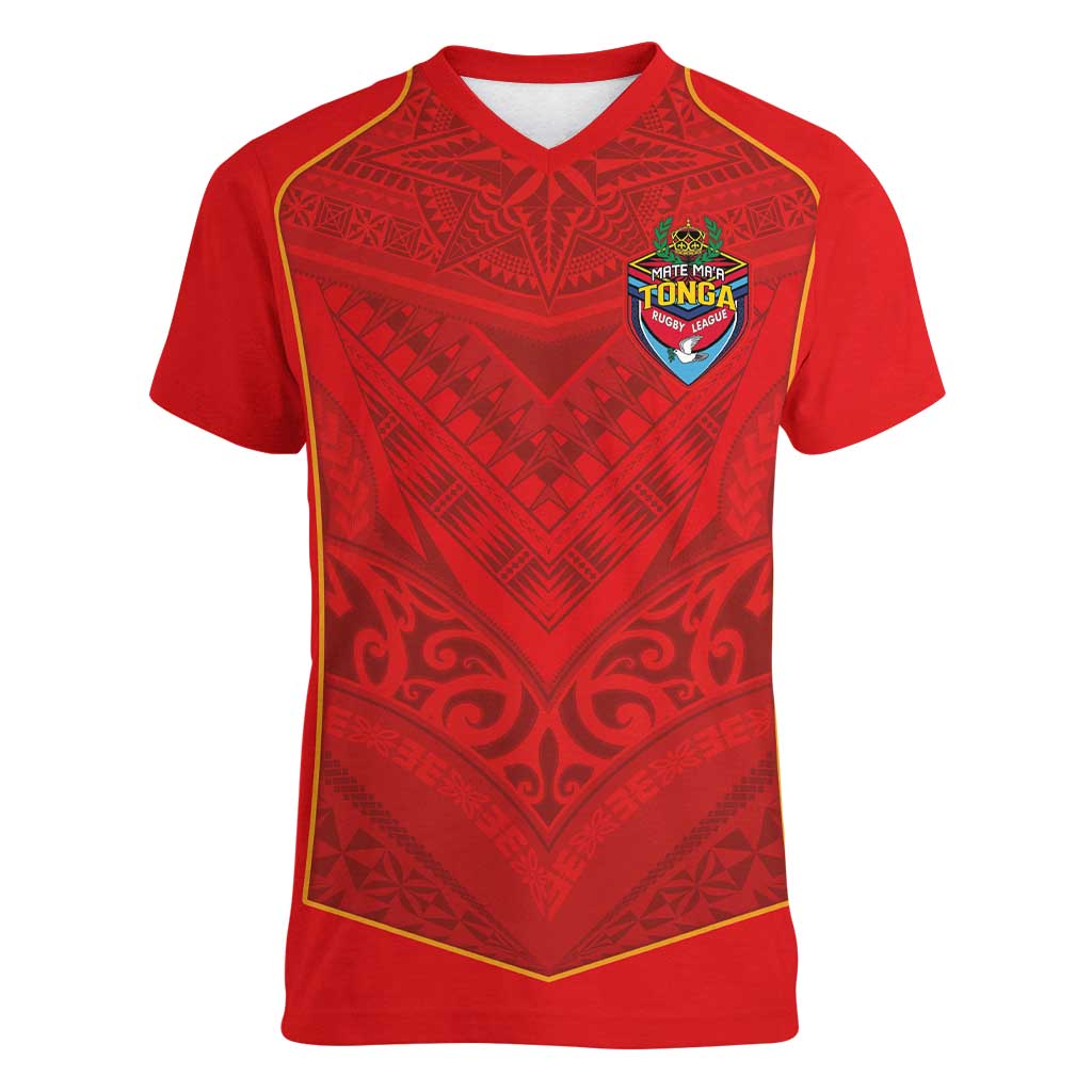 Custom Mate Ma'a Tonga Rugby Women V-Neck T-Shirt Ngatu Tribal Motifs Sporty Style - Polynesian Pride