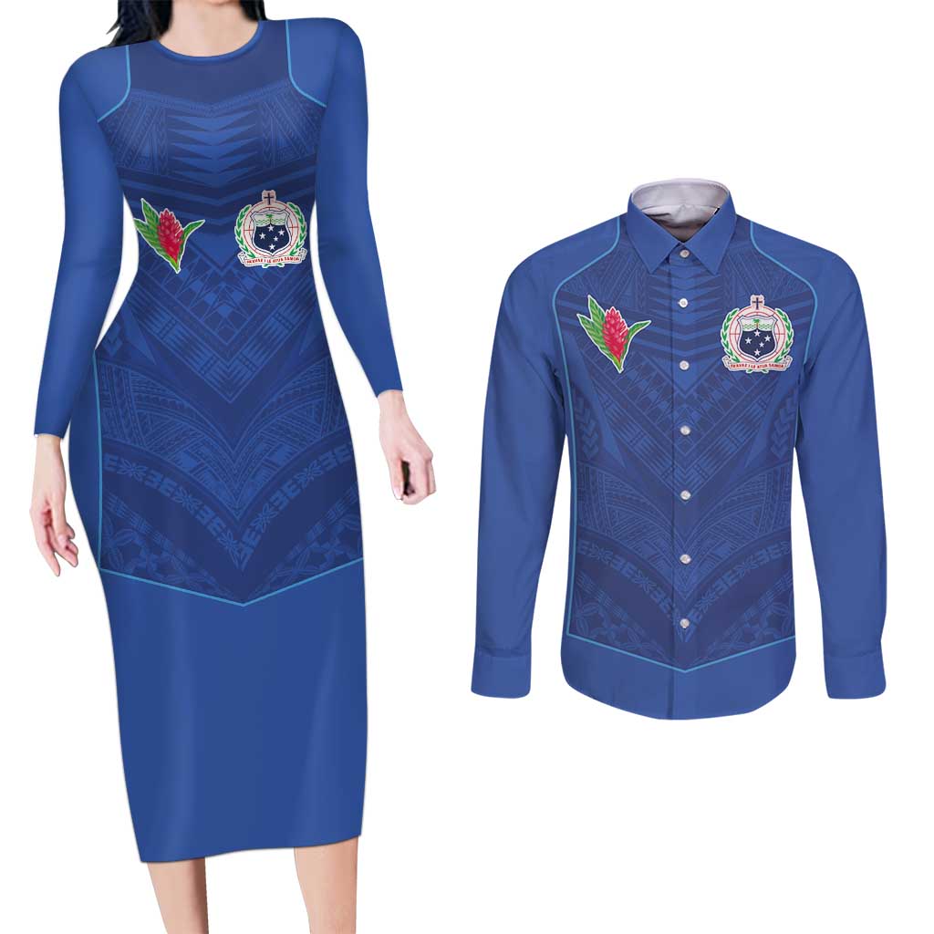 Custom Samoa Rugby Couples Matching Long Sleeve Bodycon Dress and Long Sleeve Button Shirt Tatau Tribal Motifs Sporty Style - Polynesian Pride