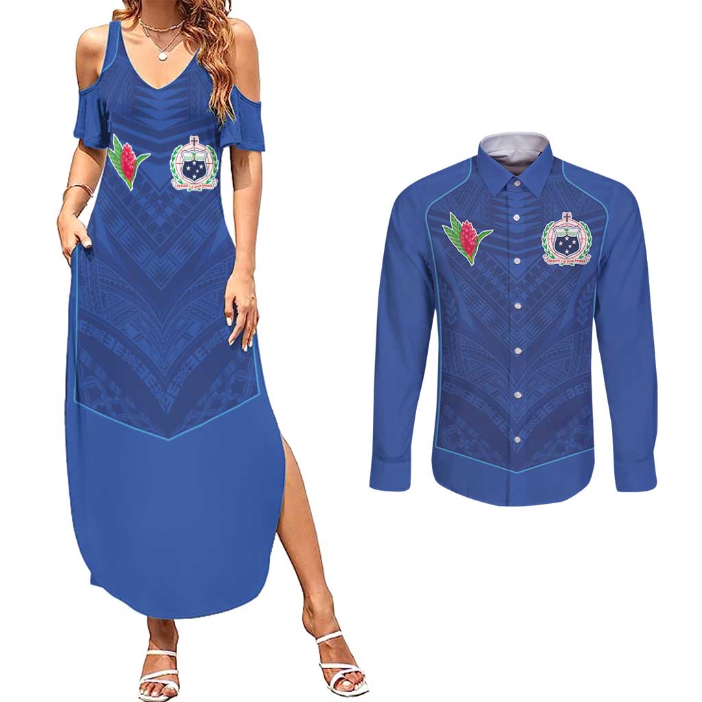Custom Samoa Rugby Couples Matching Summer Maxi Dress and Long Sleeve Button Shirt Tatau Tribal Motifs Sporty Style - Polynesian Pride