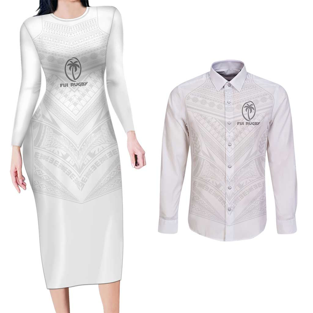 Custom Fiji Rugby Couples Matching Long Sleeve Bodycon Dress and Long Sleeve Button Shirt Tapa Tribal Motifs Sporty Style - Polynesian Pride