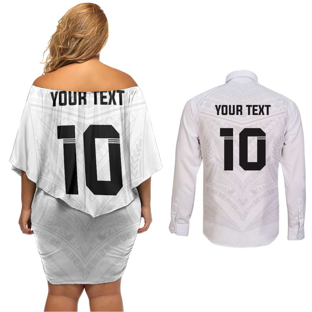 Custom Fiji Rugby Couples Matching Off Shoulder Short Dress and Long Sleeve Button Shirt Tapa Tribal Motifs Sporty Style - Polynesian Pride