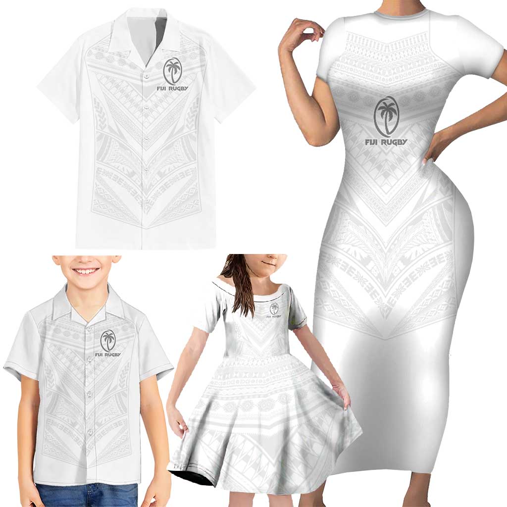 Custom Fiji Rugby Family Matching Short Sleeve Bodycon Dress and Hawaiian Shirt Tapa Tribal Motifs Sporty Style - Polynesian Pride