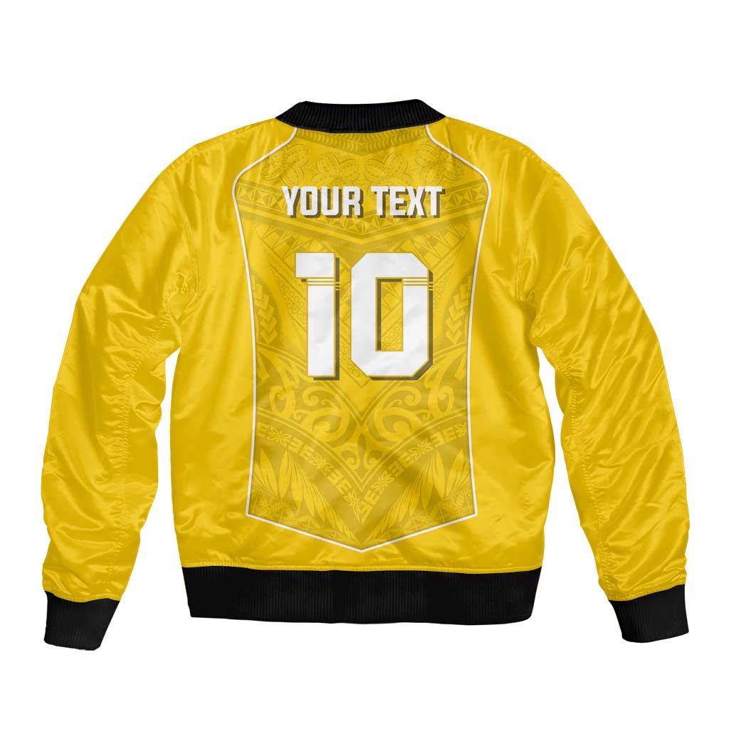 Custom Niue Rugby Bomber Jacket Hiapo Tribal Motifs Sporty Style - Polynesian Pride