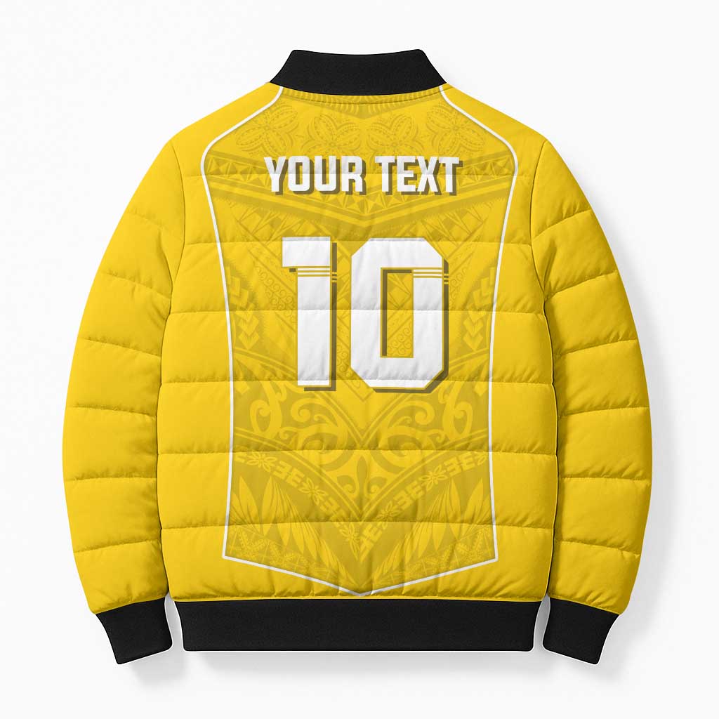 Custom Niue Rugby Bomber Puffer Jacket Hiapo Tribal Motifs Sporty Style - Polynesian Pride