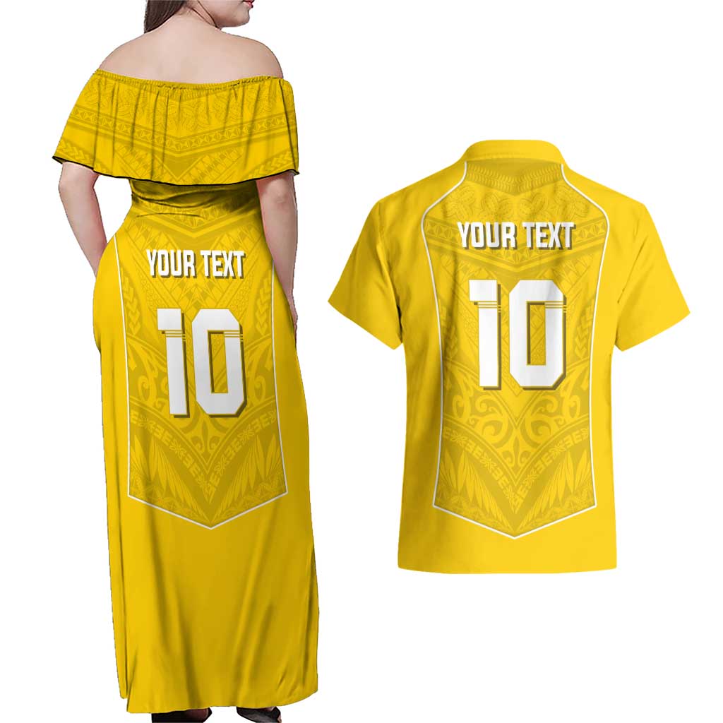 Custom Niue Rugby Couples Matching Off Shoulder Maxi Dress and Hawaiian Shirt Hiapo Tribal Motifs Sporty Style - Polynesian Pride