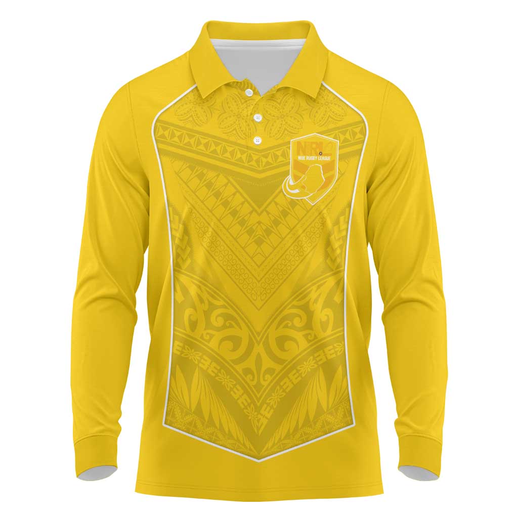 Custom Niue Rugby Long Sleeve Polo Shirt Hiapo Tribal Motifs Sporty Style - Polynesian Pride