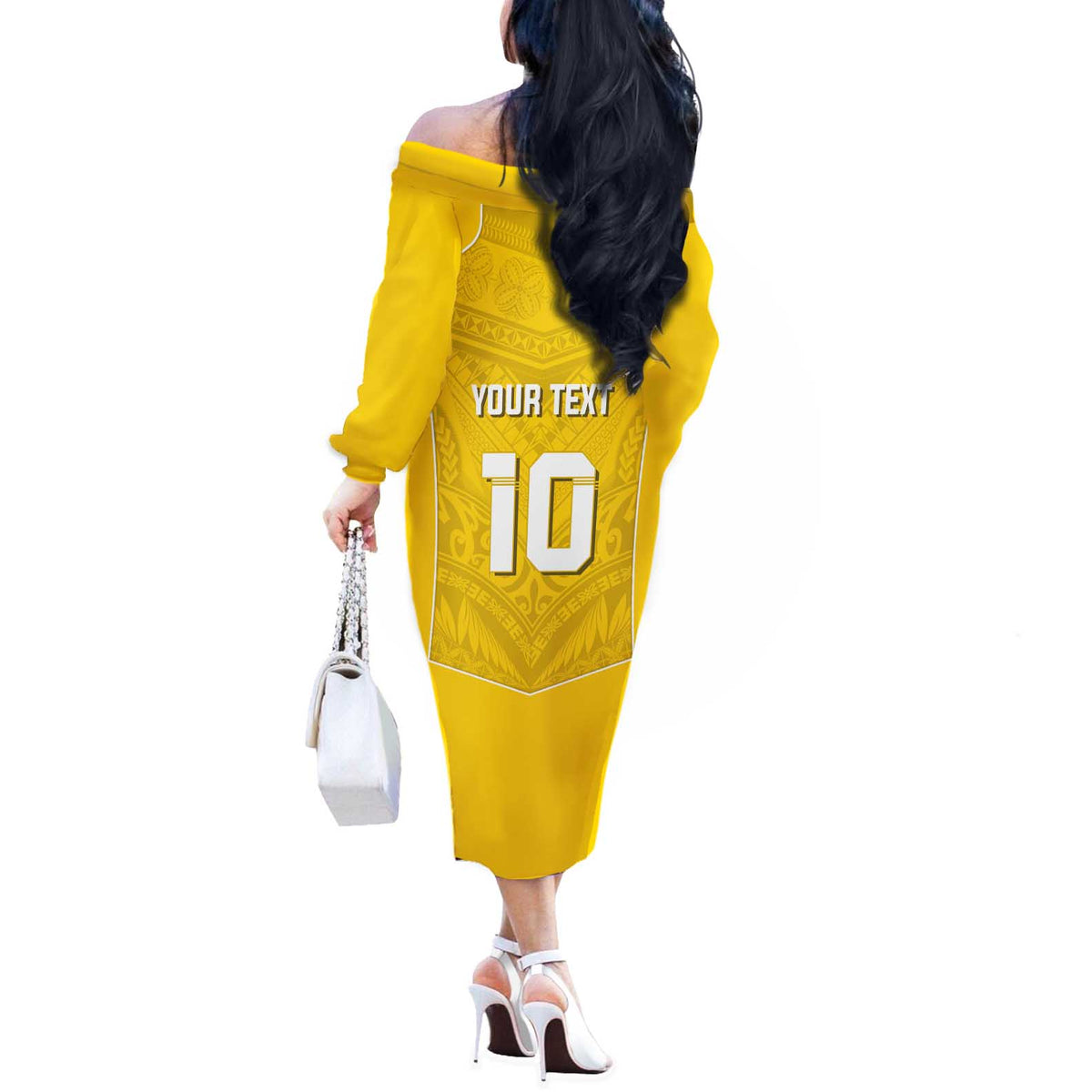 Custom Niue Rugby Off The Shoulder Long Sleeve Dress Hiapo Tribal Motifs Sporty Style - Polynesian Pride