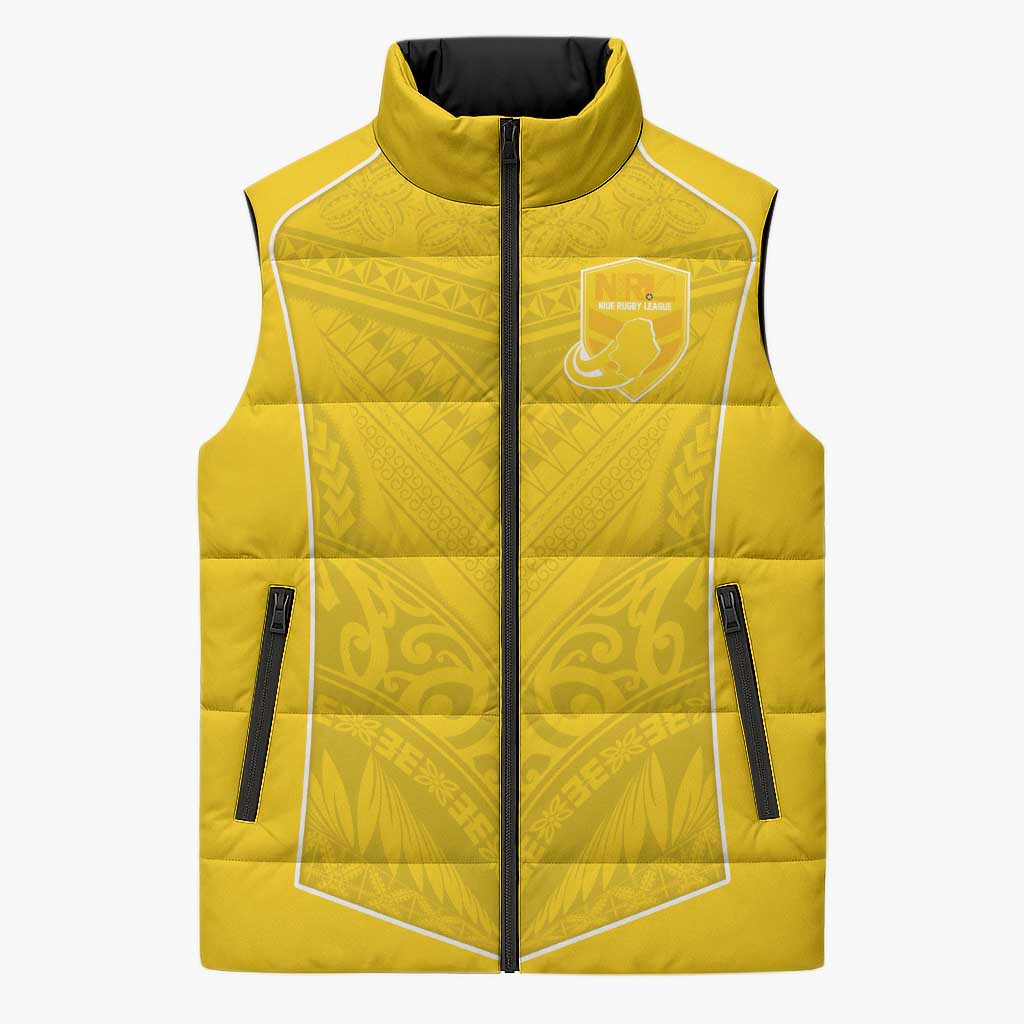 Custom Niue Rugby Sleeveless Puffer Jacket Hiapo Tribal Motifs Sporty Style - Polynesian Pride