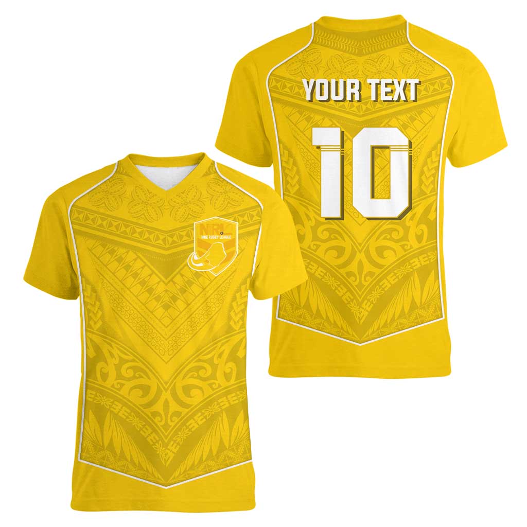 Custom Niue Rugby Women V-Neck T-Shirt Hiapo Tribal Motifs Sporty Style - Polynesian Pride