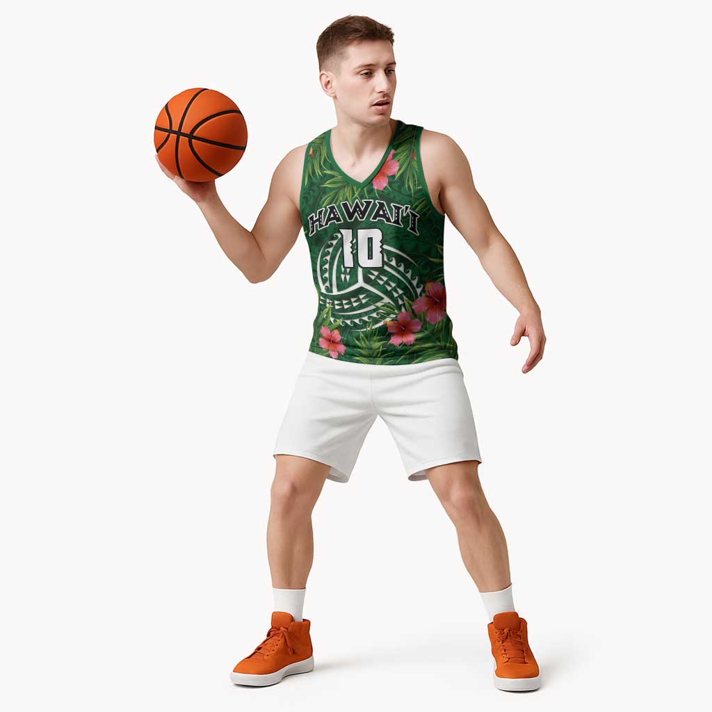 Custom Hawaii Volleyball Basketball Jersey Kakau Abstract and Tropical Plants Green Color - Polynesian Pride