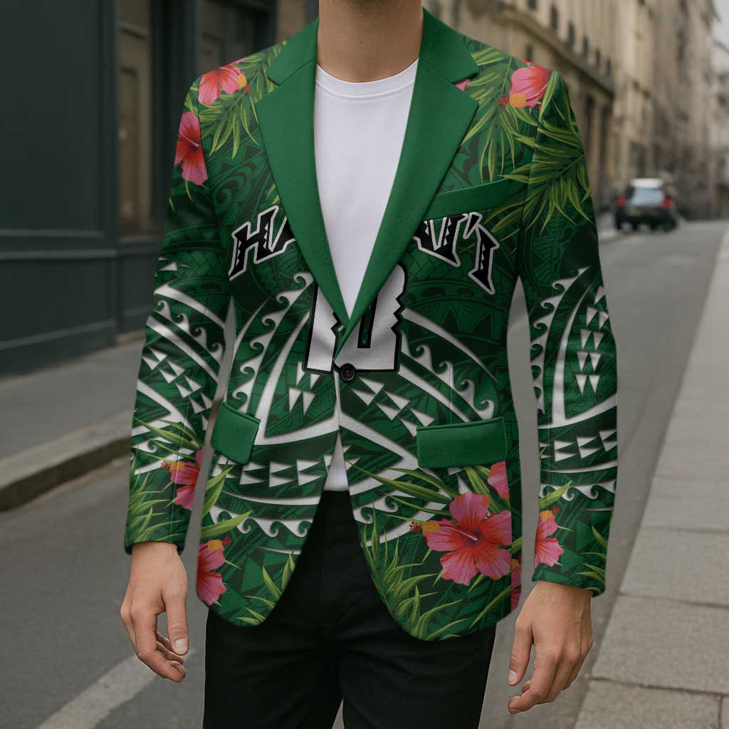 Custom Hawaii Volleyball Blazer Kakau Abstract and Tropical Plants Green Color - Polynesian Pride