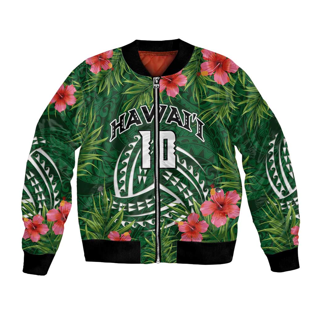 Custom Hawaii Volleyball Bomber Jacket Kakau Abstract and Tropical Plants Green Color - Polynesian Pride