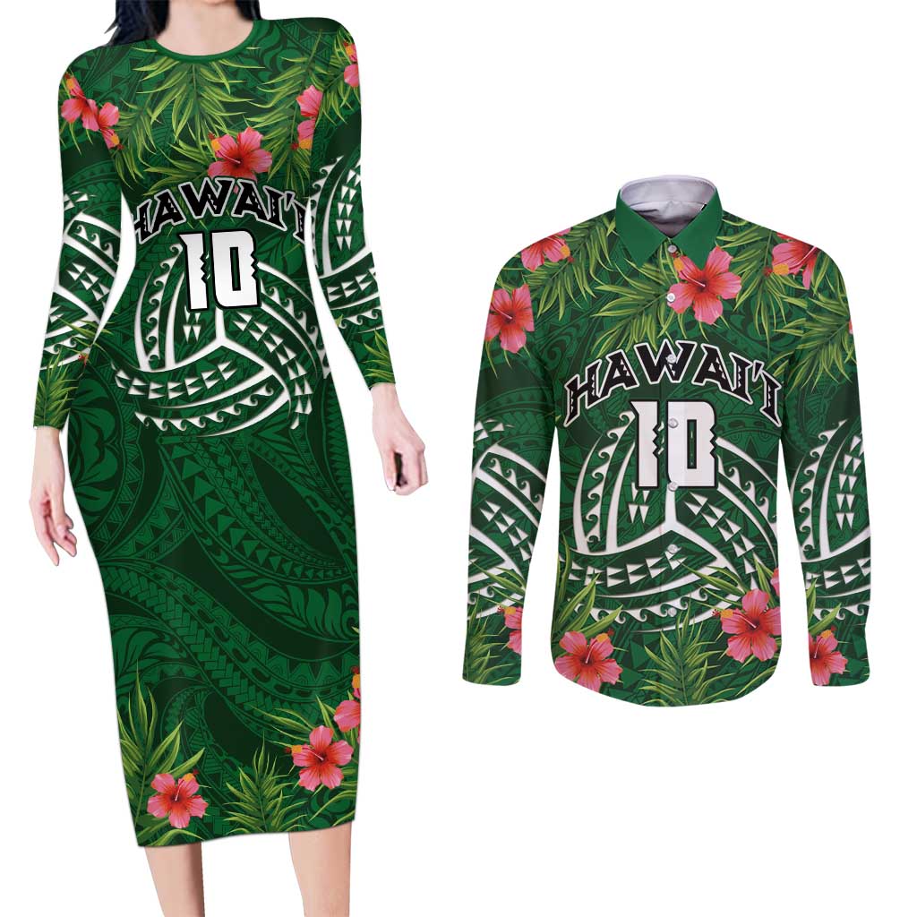 Custom Hawaii Volleyball Couples Matching Long Sleeve Bodycon Dress and Long Sleeve Button Shirt Kakau Abstract and Tropical Plants Green Color - Polynesian Pride