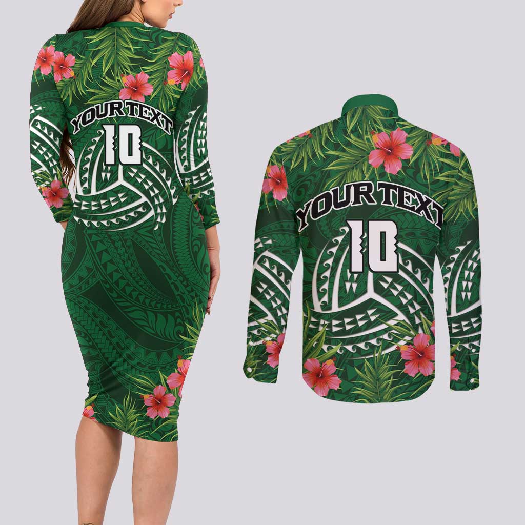 Custom Hawaii Volleyball Couples Matching Long Sleeve Bodycon Dress and Long Sleeve Button Shirt Kakau Abstract and Tropical Plants Green Color - Polynesian Pride