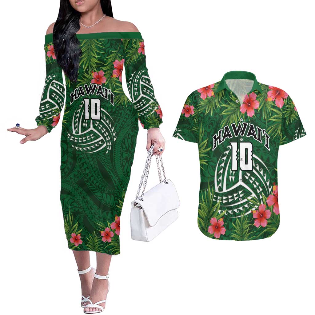 Custom Hawaii Volleyball Couples Matching Off The Shoulder Long Sleeve Dress and Hawaiian Shirt Kakau Abstract and Tropical Plants Green Color - Polynesian Pride