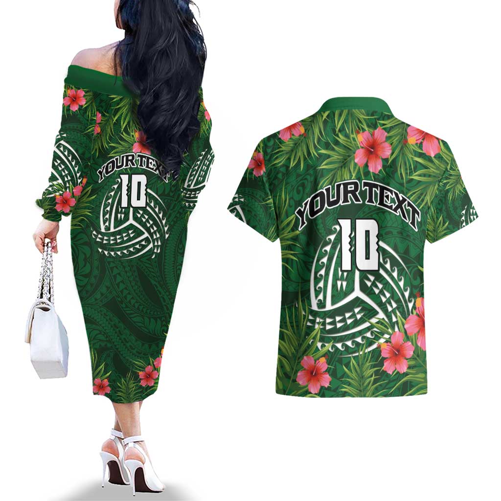 Custom Hawaii Volleyball Couples Matching Off The Shoulder Long Sleeve Dress and Hawaiian Shirt Kakau Abstract and Tropical Plants Green Color - Polynesian Pride