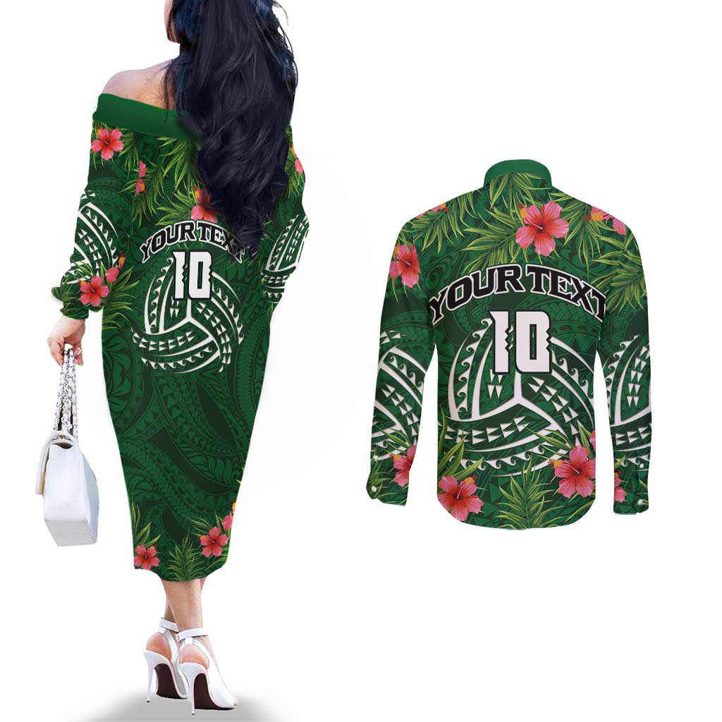 Custom Hawaii Volleyball Couples Matching Off The Shoulder Long Sleeve Dress and Long Sleeve Button Shirt Kakau Abstract and Tropical Plants Green Color - Polynesian Pride