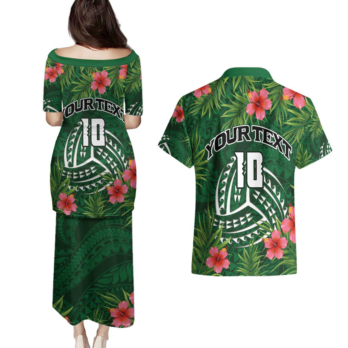 Custom Hawaii Volleyball Couples Matching Puletasi and Hawaiian Shirt Kakau Abstract and Tropical Plants Green Color - Polynesian Pride