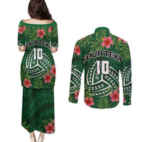 Custom Hawaii Volleyball Couples Matching Puletasi and Long Sleeve Button Shirt Kakau Abstract and Tropical Plants Green Color - Polynesian Pride